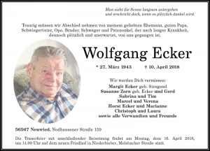 Traueranzeige Wolfgang Ecker